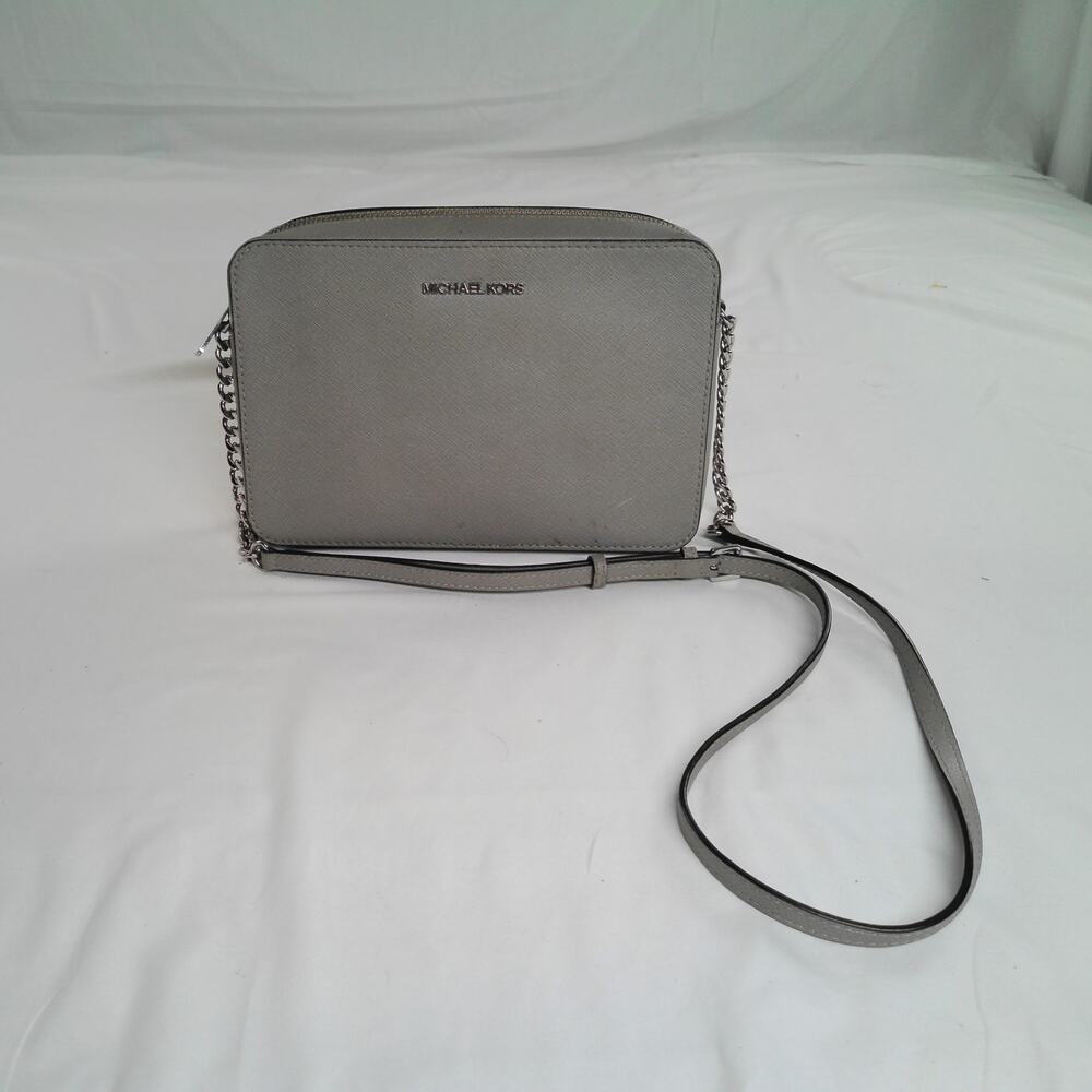 Michael Kors Gray Saffiano Leather Crossbody Camera Bag Silver Chain Strap